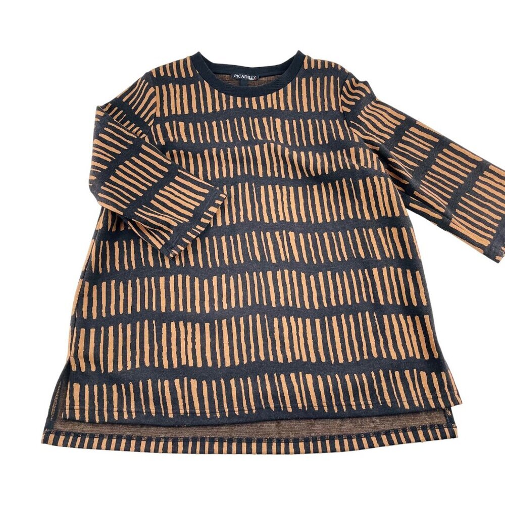 Picadilly Canada Womens Long Sleeve Striped Dress L Cotton Tunic Black & Orange